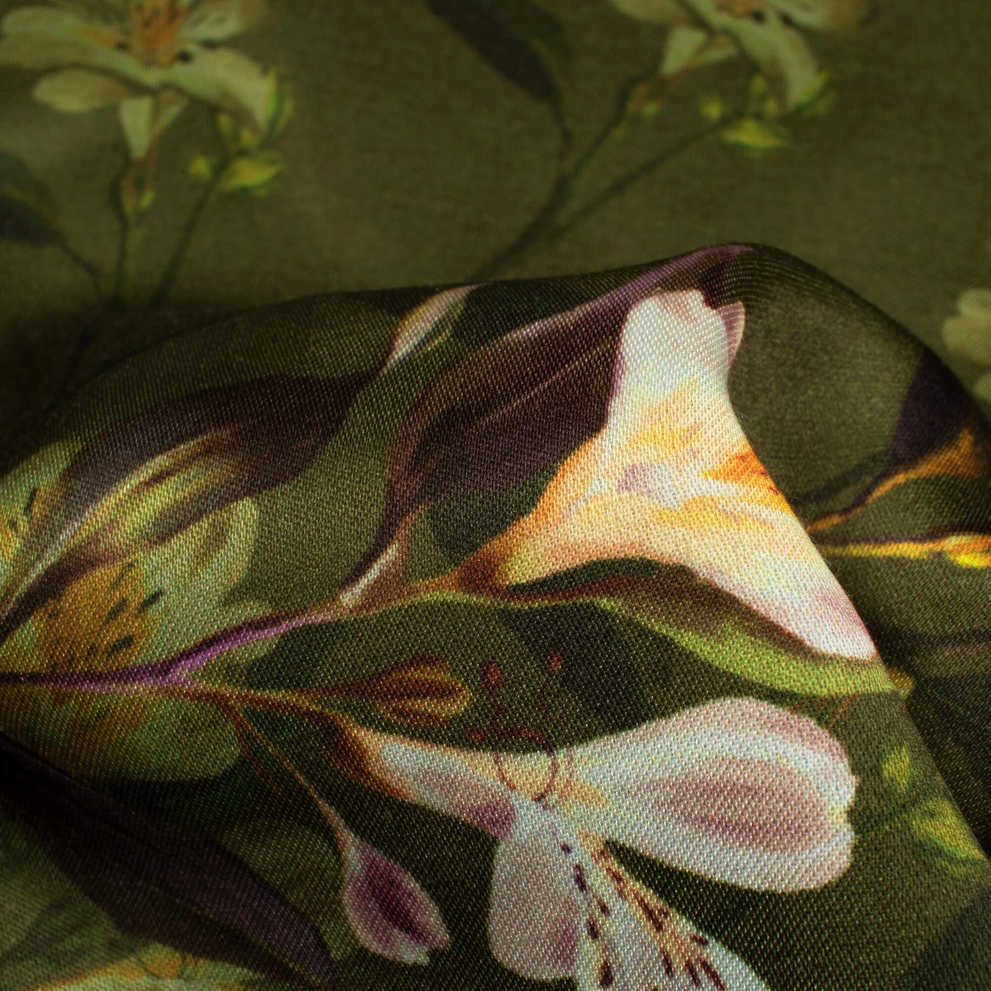 Army Green And White Floral Pattern Digital Print Premium Lush Satin Fabric