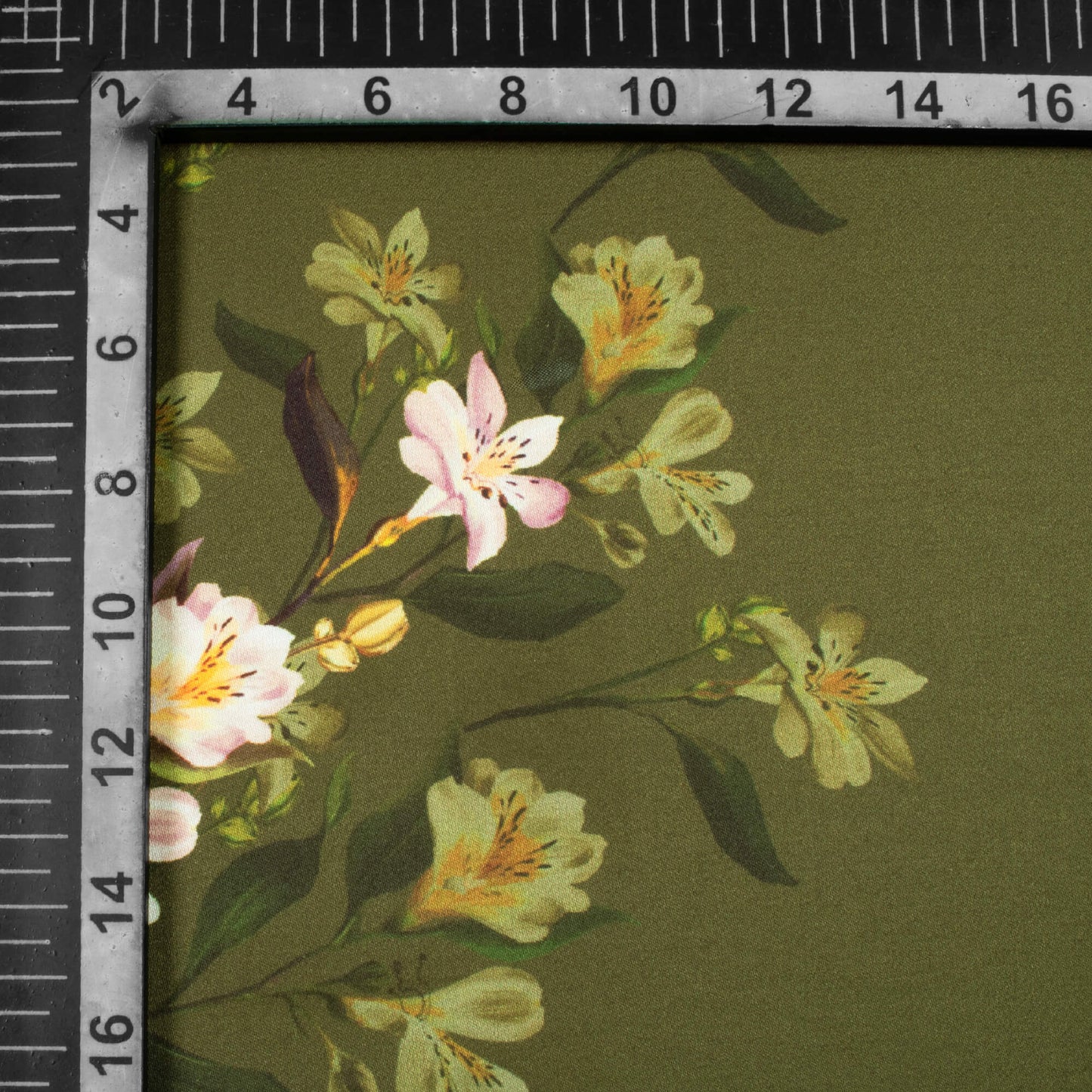 Army Green And White Floral Pattern Digital Print Premium Lush Satin Fabric