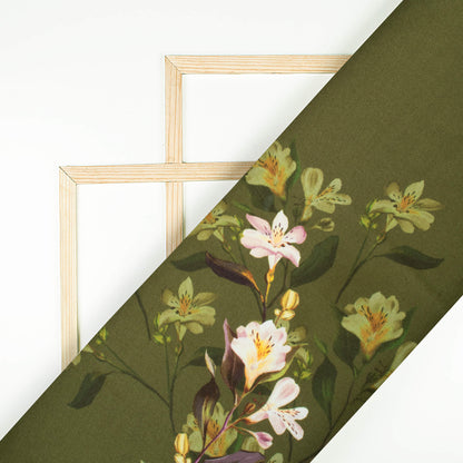 Army Green And White Floral Pattern Digital Print Premium Lush Satin Fabric