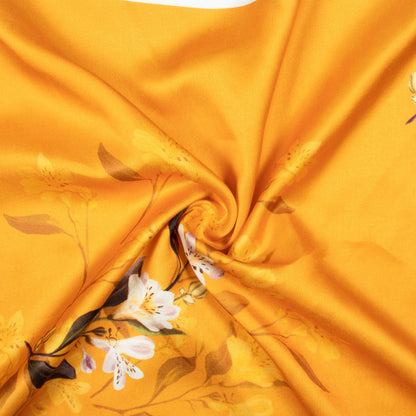 Honey Yellow And White Floral Pattern Digital Print Premium Lush Satin Fabric
