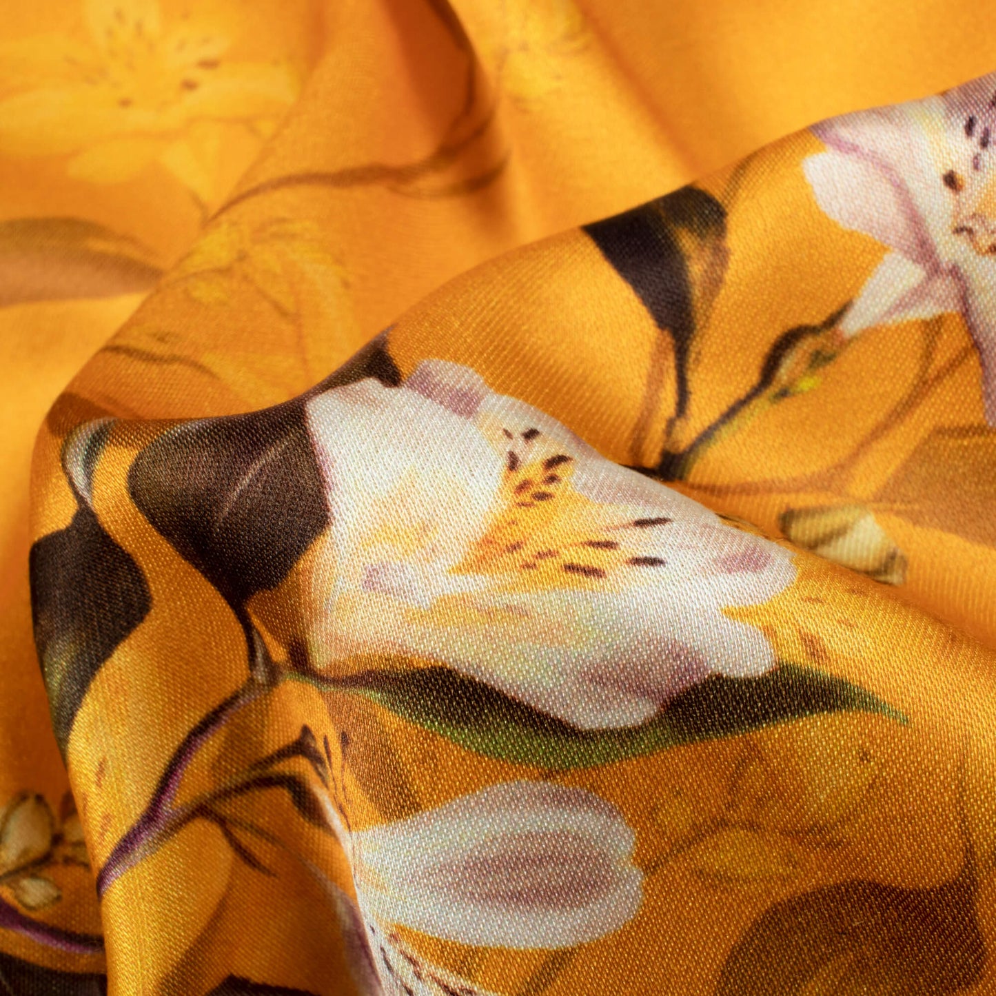 Honey Yellow And White Floral Pattern Digital Print Premium Lush Satin Fabric