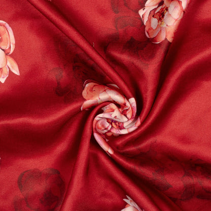 Vermilion Red And Pink Floral Pattern Digital Print Premium Lush Satin Fabric