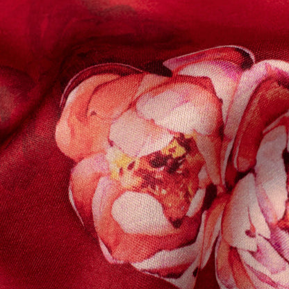 Vermilion Red And Pink Floral Pattern Digital Print Premium Lush Satin Fabric