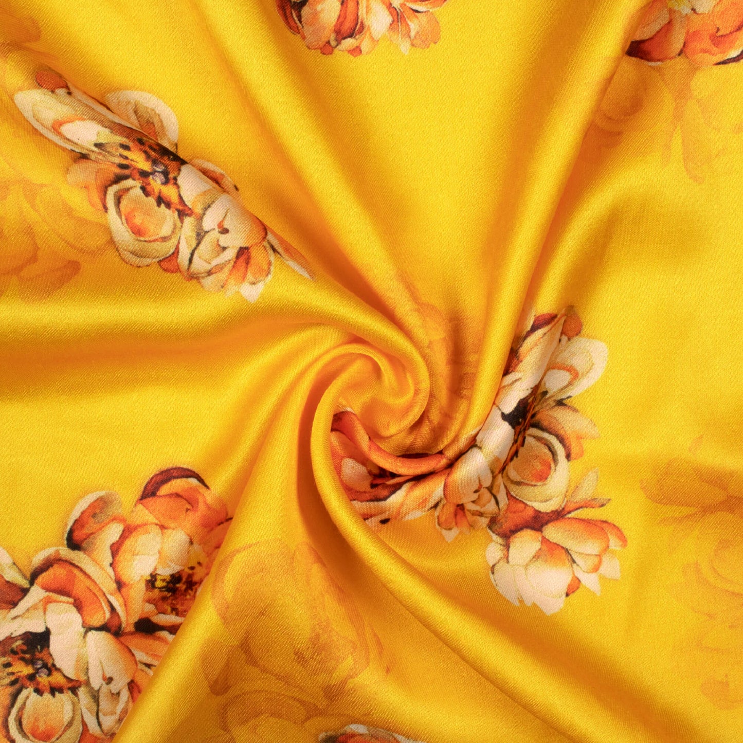 Cyber Yellow And Orange Floral Pattern Digital Print Premium Lush Satin Fabric