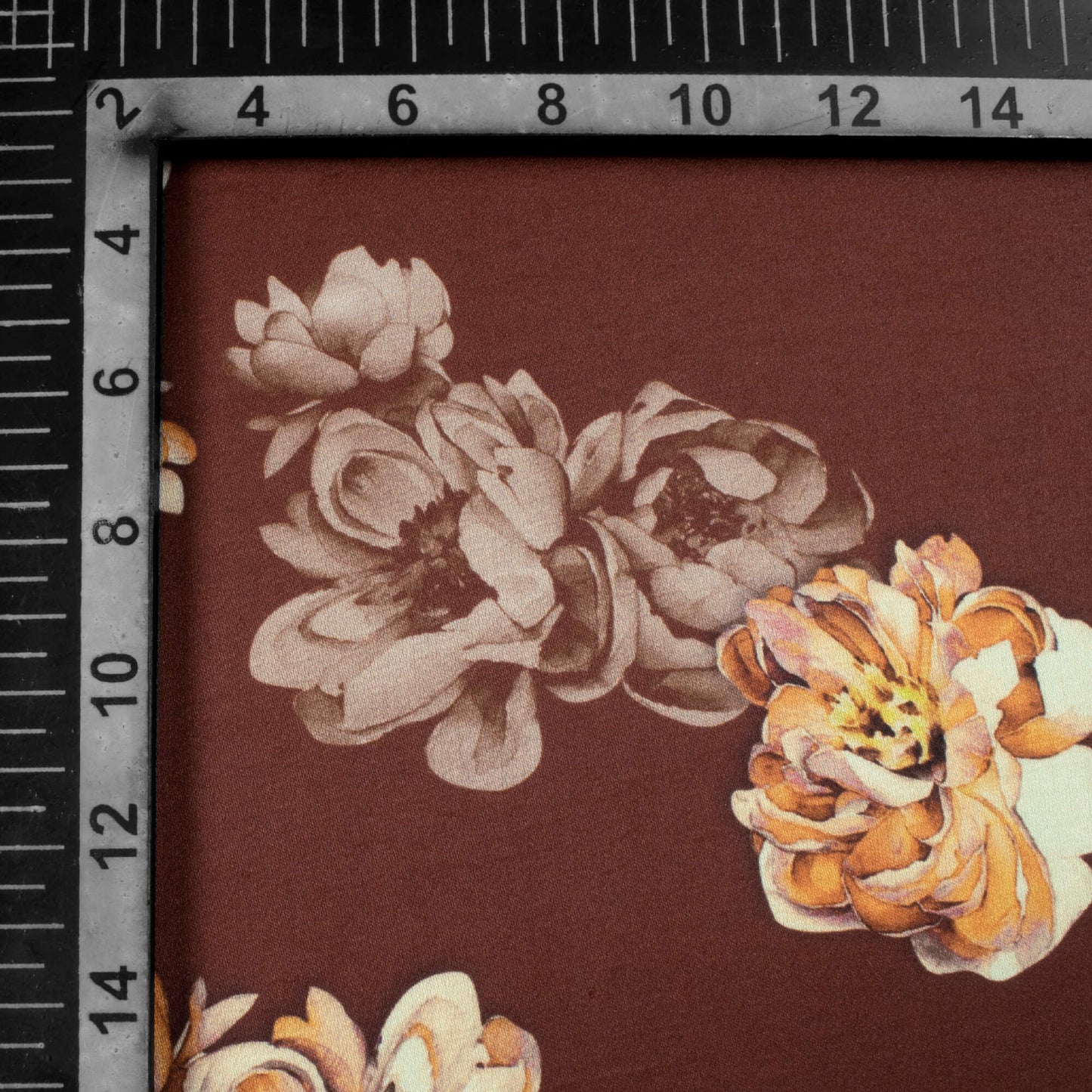 Chocolate Brown And Cream Floral Pattern Digital Print Premium Lush Satin Fabric