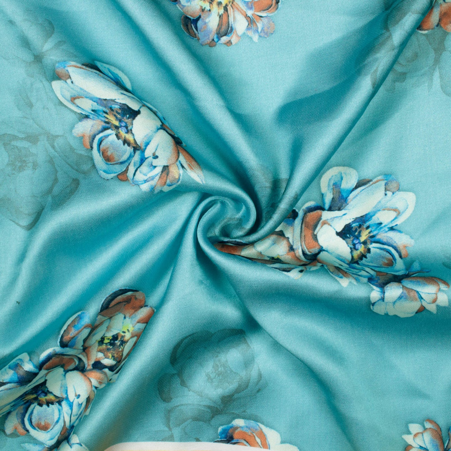 Curious Blue And Orange Floral Pattern Digital Print Premium Lush Satin Fabric