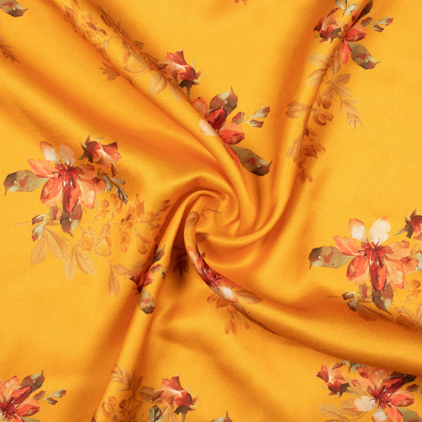 Ochre Yellow And Pink Floral Pattern Digital Print Premium Lush Satin Fabric