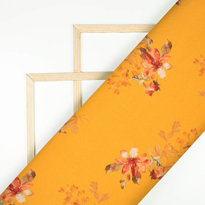 Ochre Yellow And Pink Floral Pattern Digital Print Premium Lush Satin Fabric