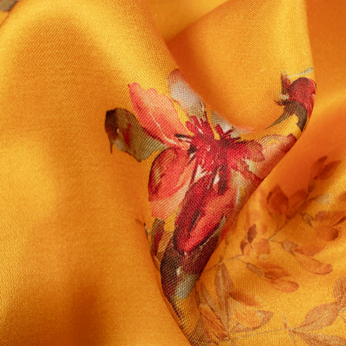 Ochre Yellow And Pink Floral Pattern Digital Print Premium Lush Satin Fabric