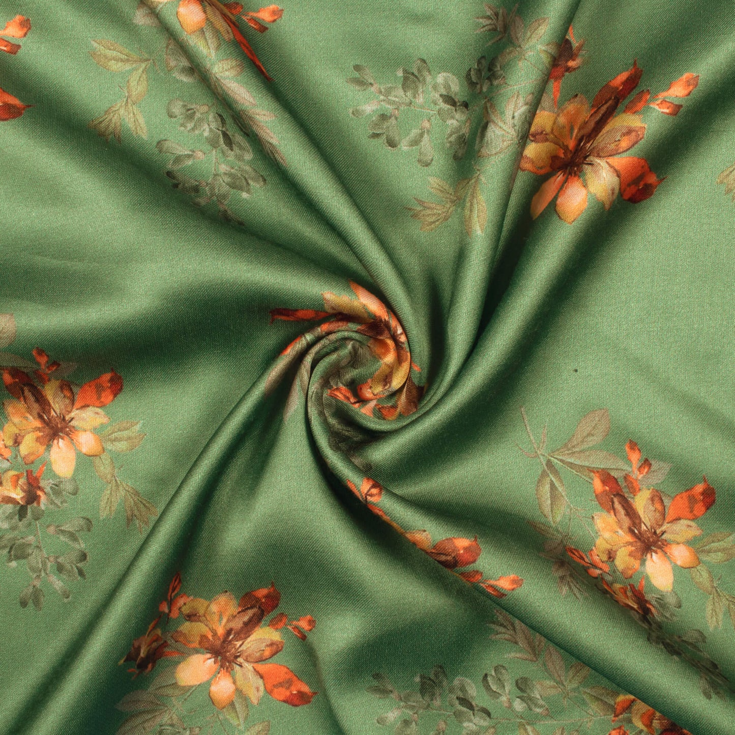 Forest Green And Orange Floral Pattern Digital Print Premium Lush Satin Fabric