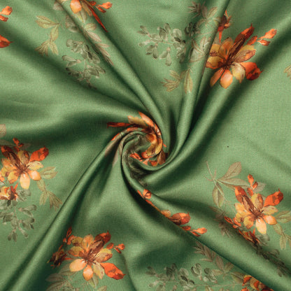 Forest Green And Orange Floral Pattern Digital Print Premium Lush Satin Fabric