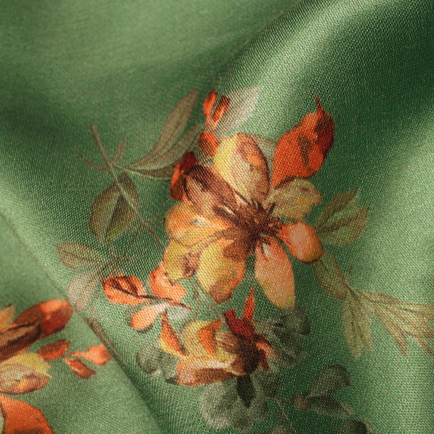 Forest Green And Orange Floral Pattern Digital Print Premium Lush Satin Fabric