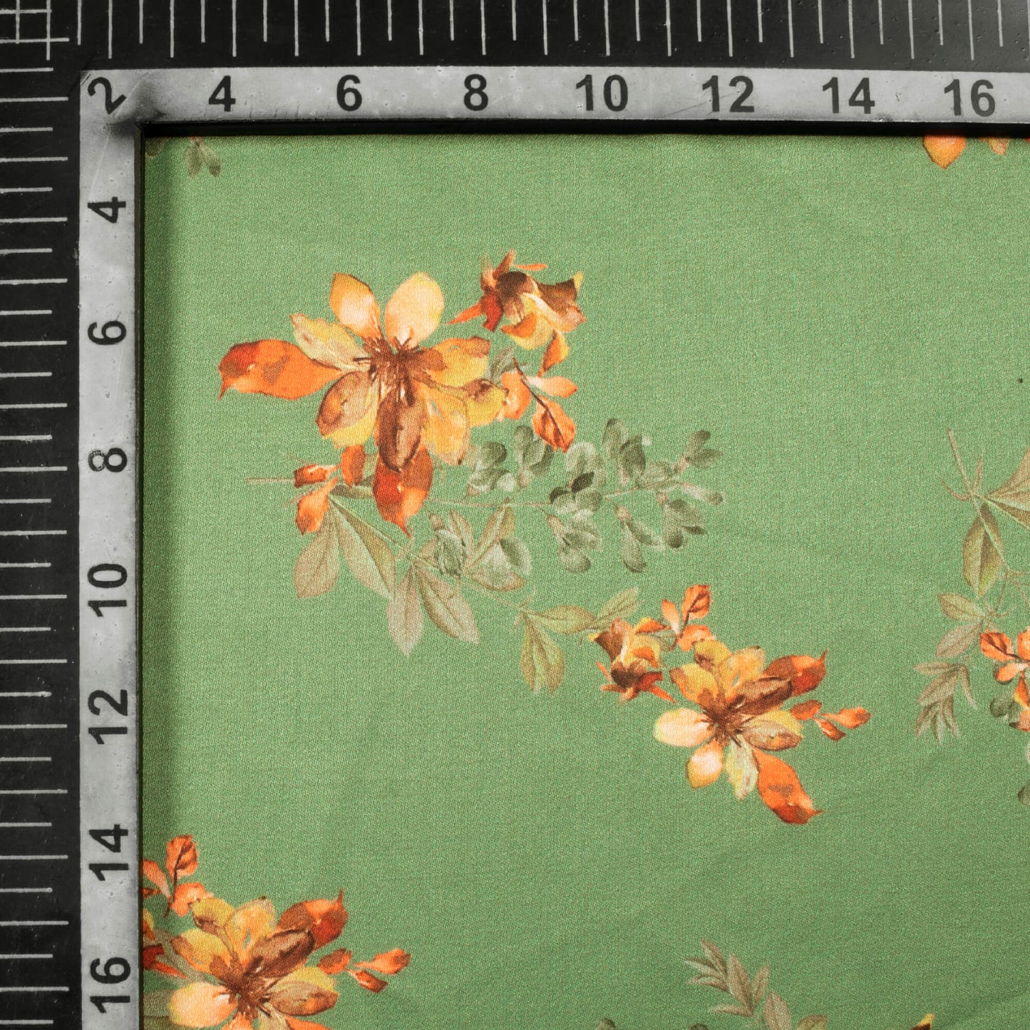 Forest Green And Orange Floral Pattern Digital Print Premium Lush Satin Fabric