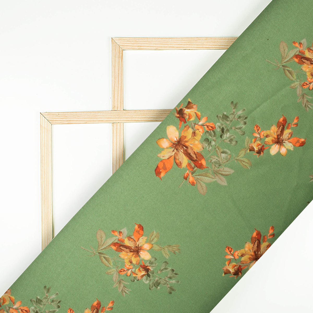 Forest Green And Orange Floral Pattern Digital Print Premium Lush Satin Fabric