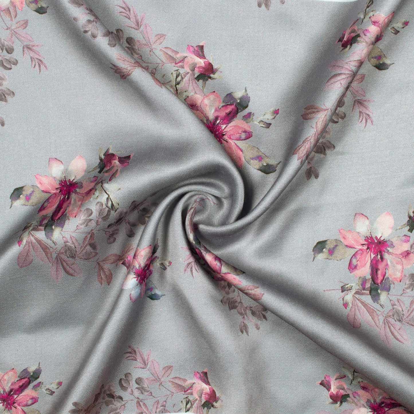 Lava Grey And Salmon Pink Floral Pattern Digital Print Premium Lush Satin Fabric