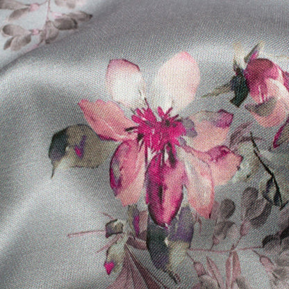 Lava Grey And Salmon Pink Floral Pattern Digital Print Premium Lush Satin Fabric