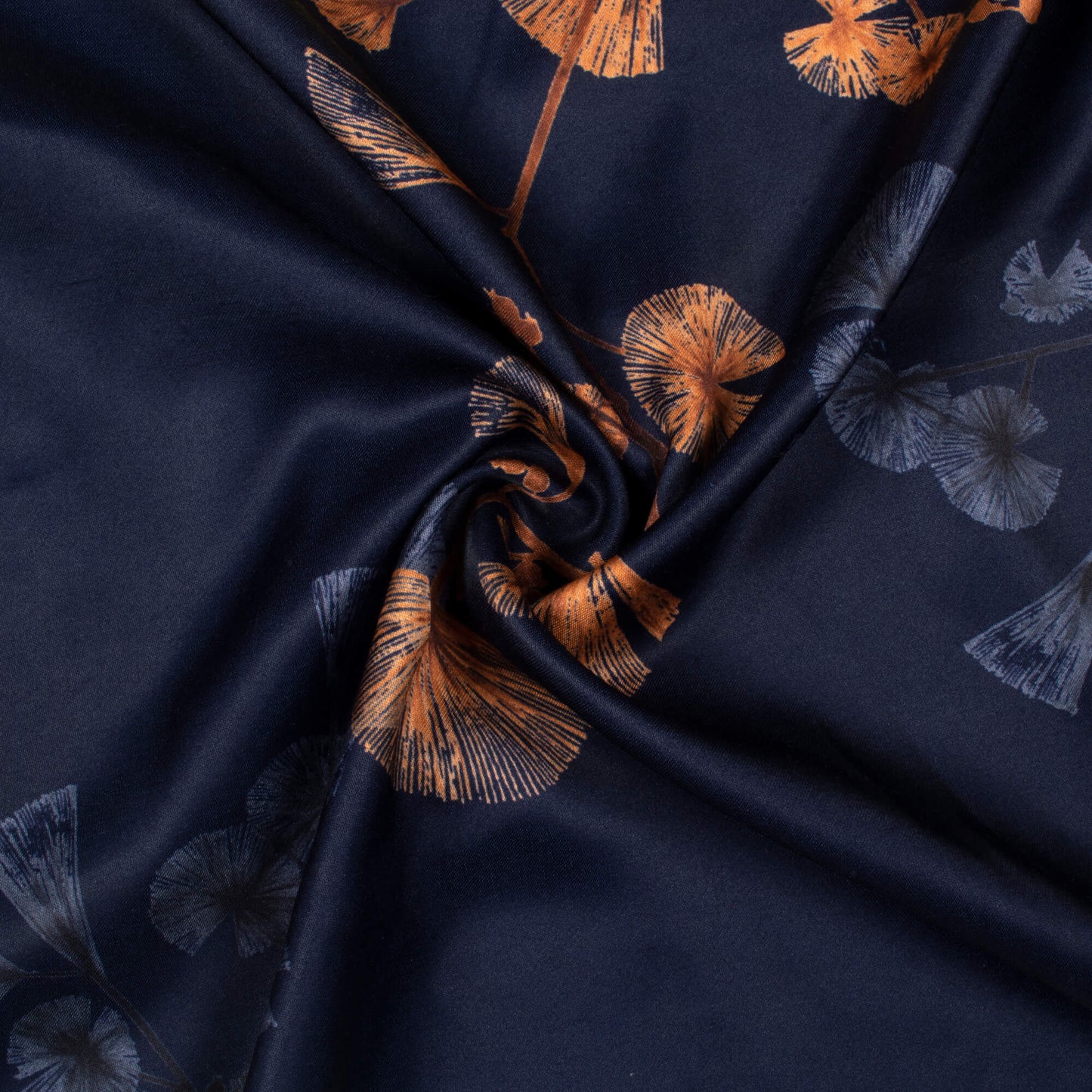 Dark Blue And Spice Orange Floral Pattern Digital Print Premium Lush Satin Fabric