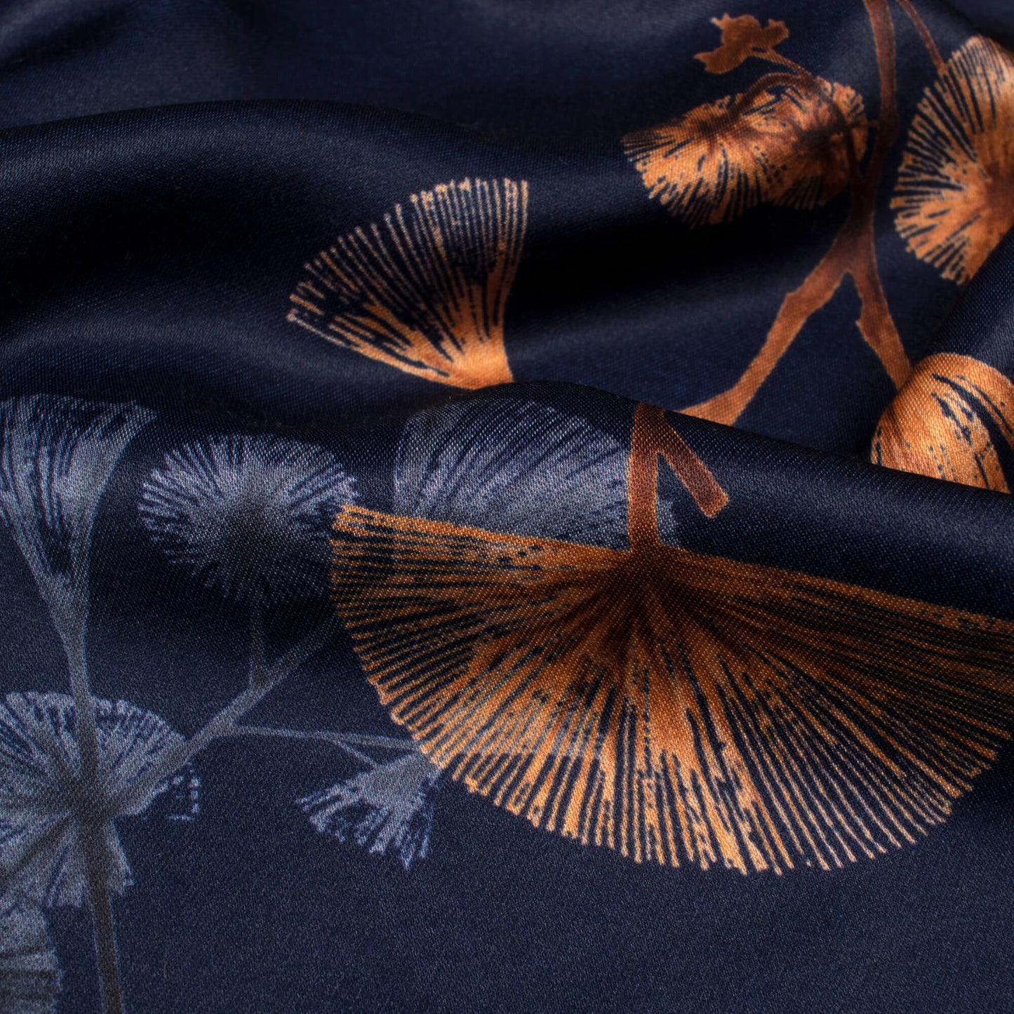 Dark Blue And Spice Orange Floral Pattern Digital Print Premium Lush Satin Fabric