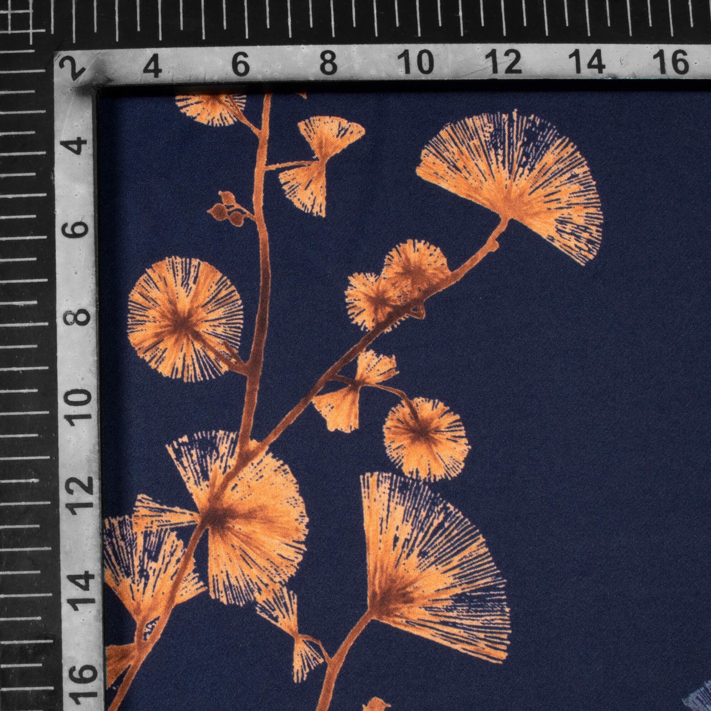 Dark Blue And Spice Orange Floral Pattern Digital Print Premium Lush Satin Fabric