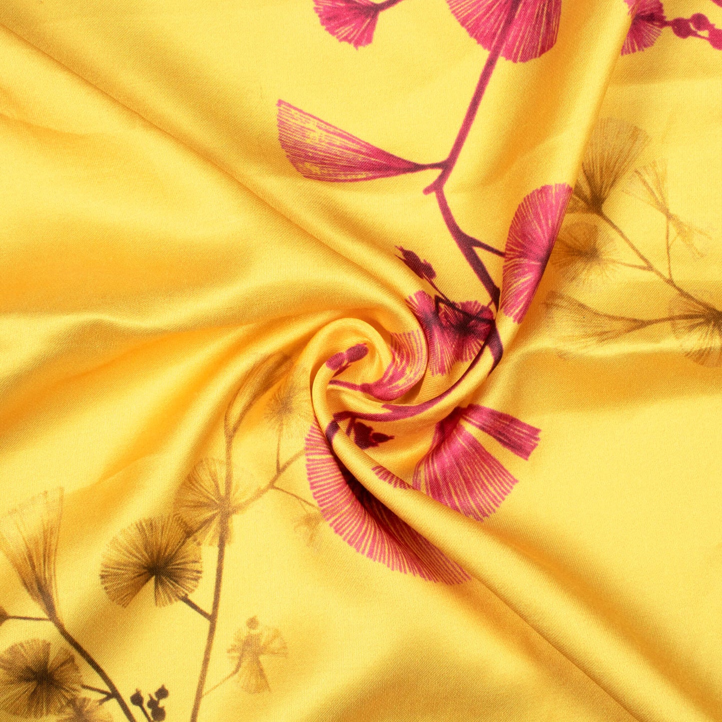 Royal Yellow And Magenta Pink Floral Pattern Digital Print Premium Lush Satin Fabric