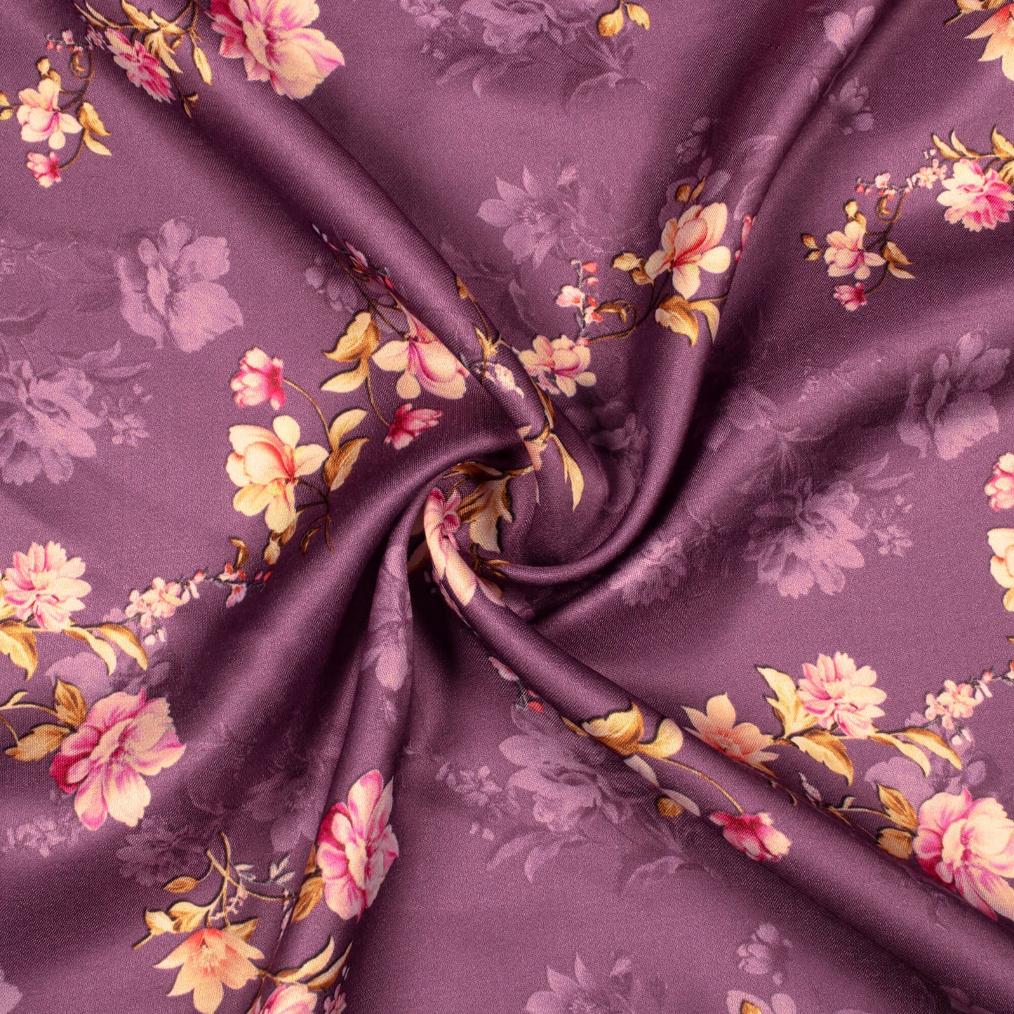 Purple And  Pink Floral Pattern Digital Print Premium Lush Satin Fabric