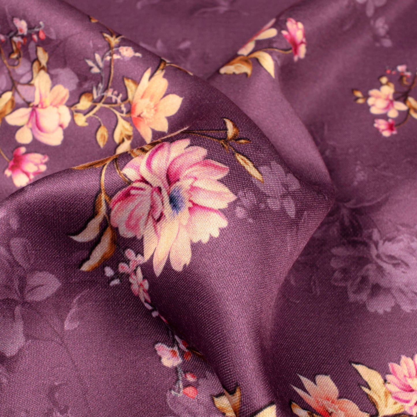 Purple And  Pink Floral Pattern Digital Print Premium Lush Satin Fabric