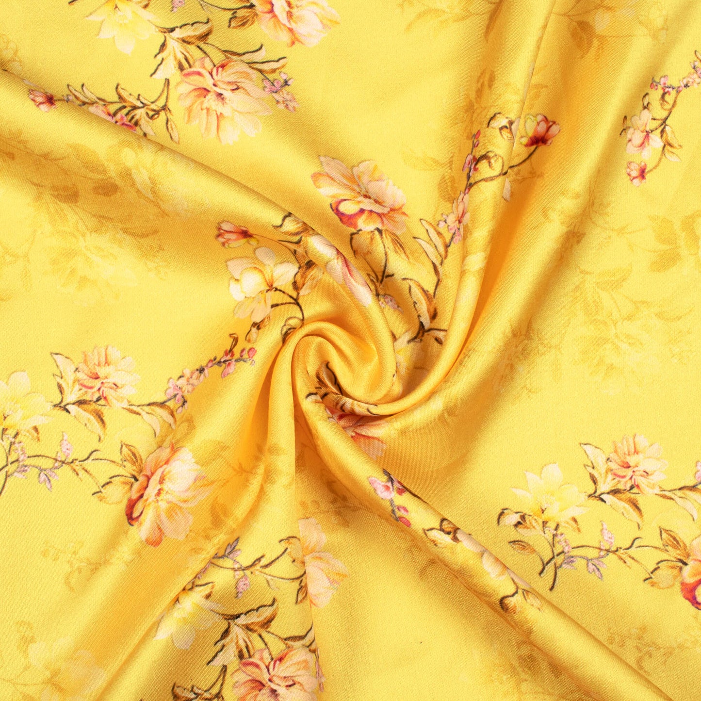 Royal Yellow And Salmon Orange Floral Pattern Digital Print Premium Lush Satin Fabric