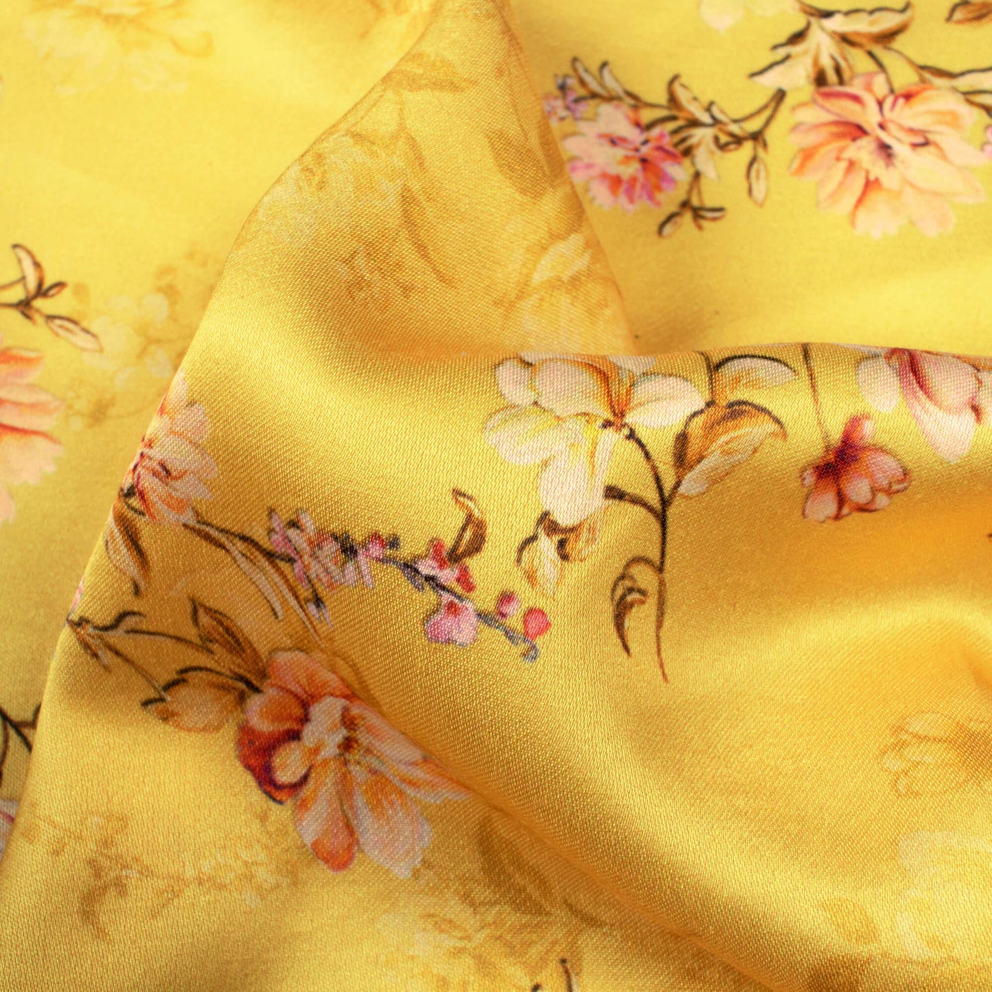 Royal Yellow And Salmon Orange Floral Pattern Digital Print Premium Lush Satin Fabric