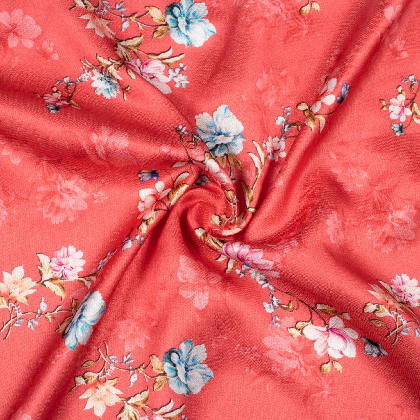 Coral Red And Pink Floral Pattern Digital Print Premium Lush Satin Fabric