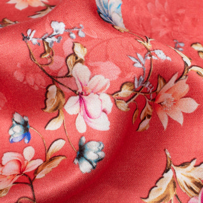 Coral Red And Pink Floral Pattern Digital Print Premium Lush Satin Fabric