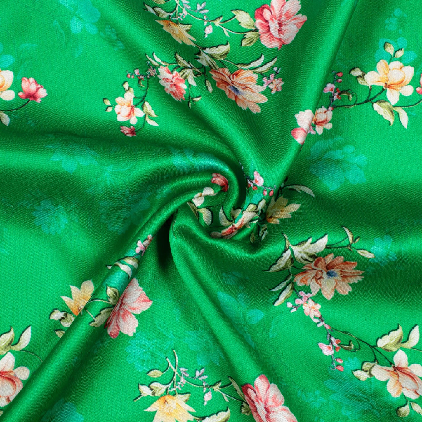 Green And Pink Floral Pattern Digital Print Premium Lush Satin Fabric