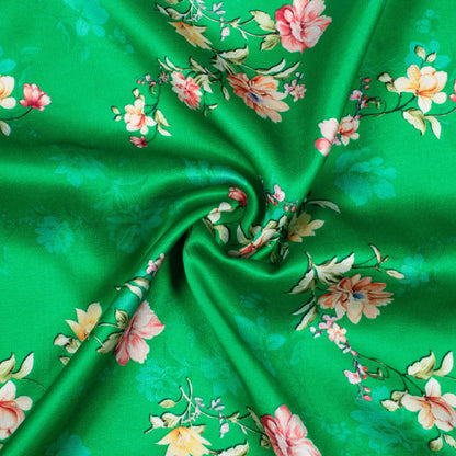 Green And Pink Floral Pattern Digital Print Premium Lush Satin Fabric