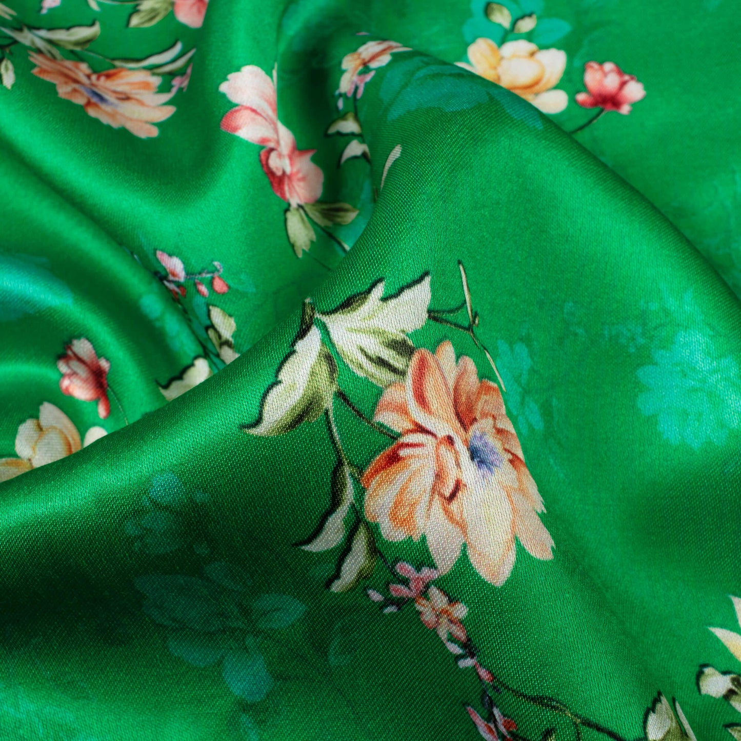 Green And Pink Floral Pattern Digital Print Premium Lush Satin Fabric