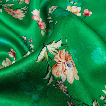 Green And Pink Floral Pattern Digital Print Premium Lush Satin Fabric