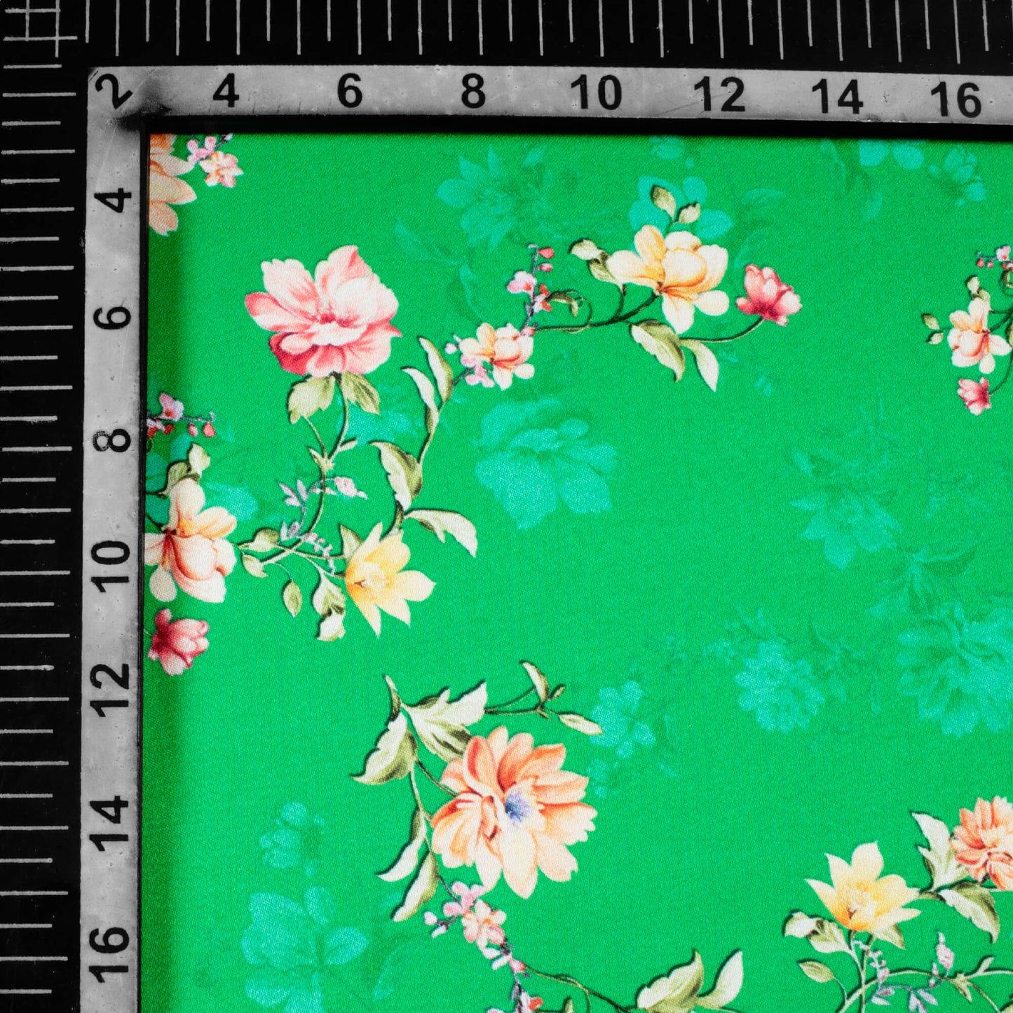 Green And Pink Floral Pattern Digital Print Premium Lush Satin Fabric