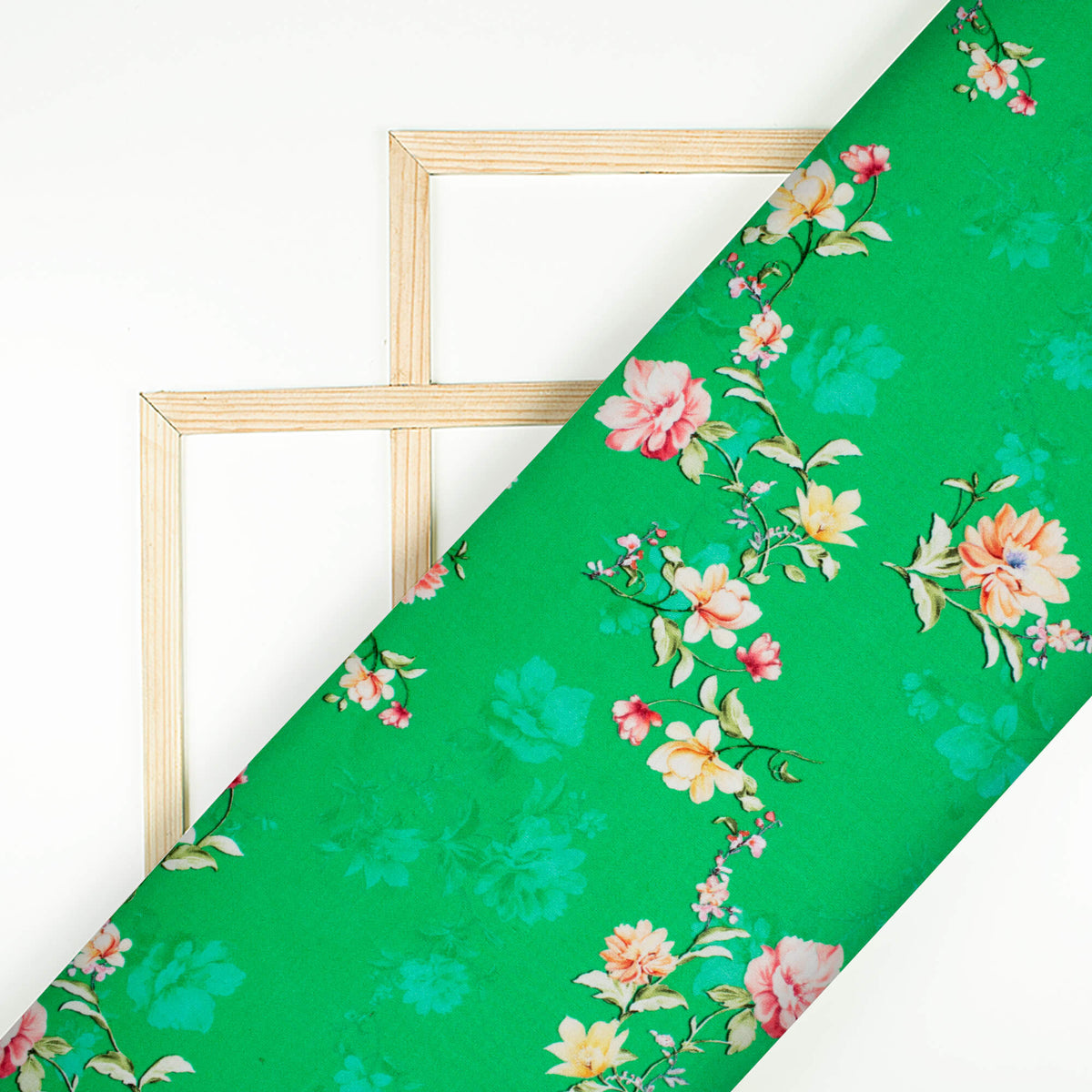 Green And Pink Floral Pattern Digital Print Premium Lush Satin Fabric