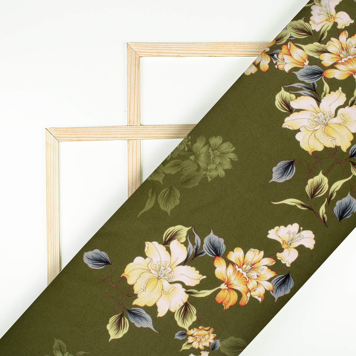 Army Green And Orange Floral Pattern Digital Print Premium Lush Satin Fabric