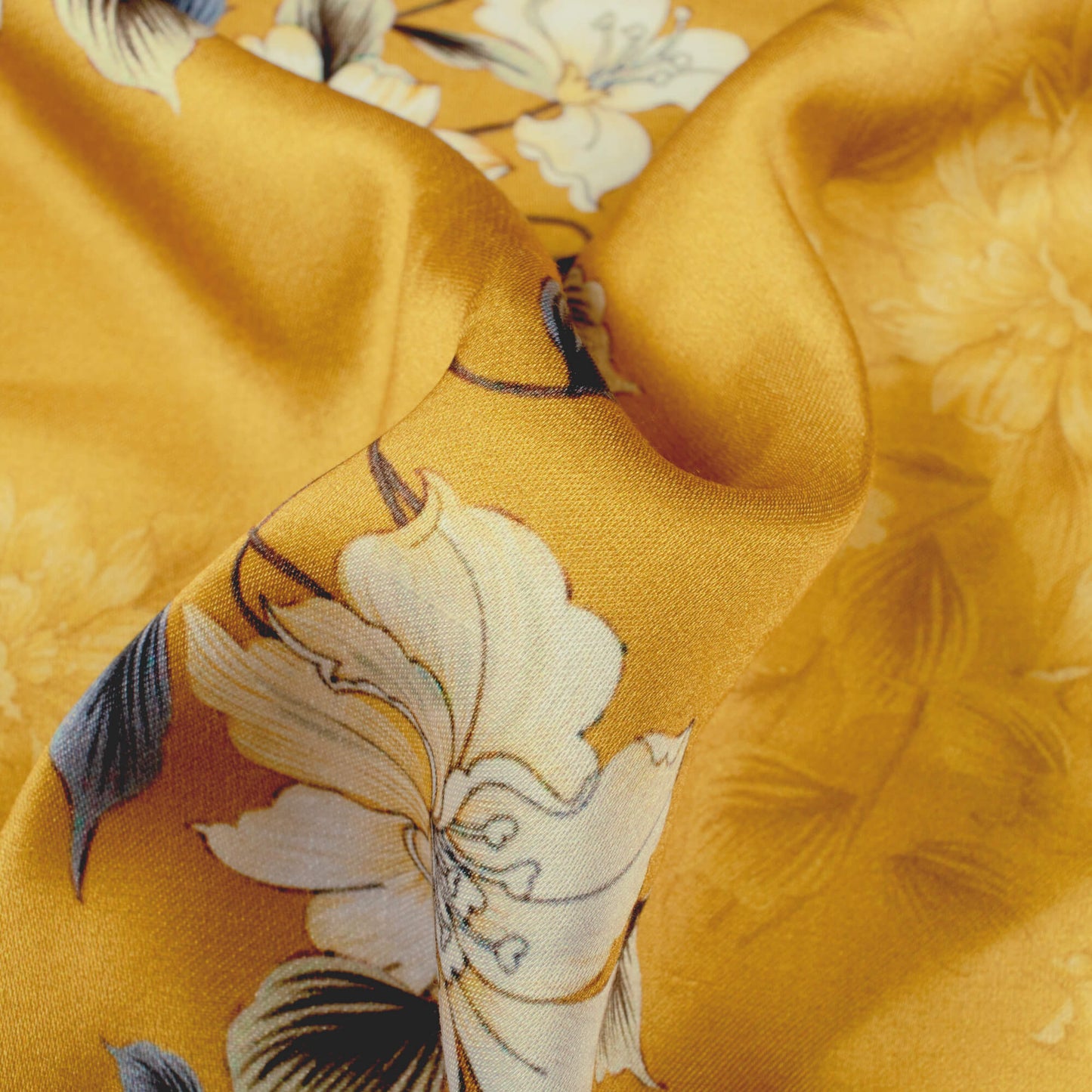 Dijon Yellow And White Floral Pattern Digital Print Premium Lush Satin Fabric