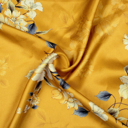 Dijon Yellow And White Floral Pattern Digital Print Premium Lush Satin Fabric