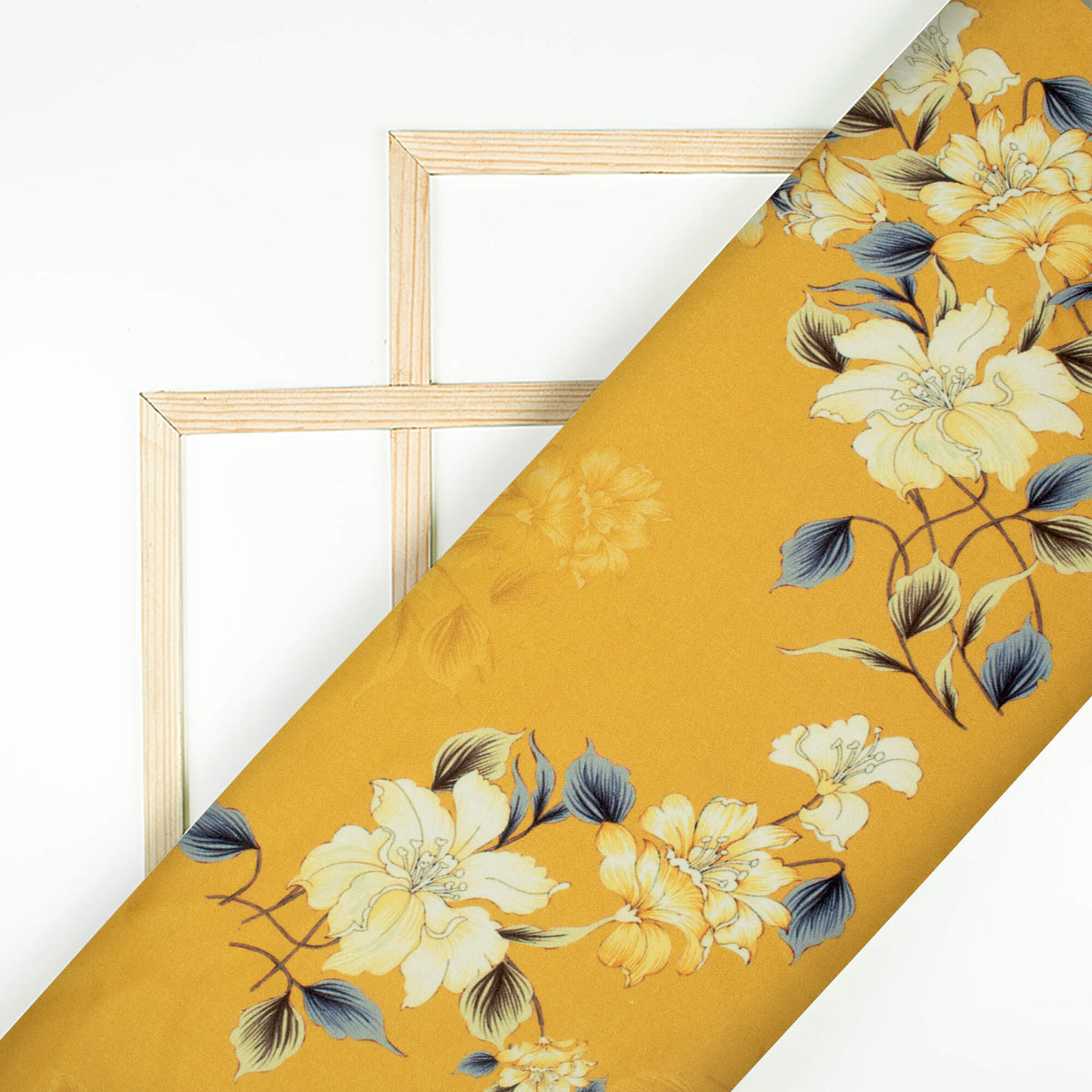 Dijon Yellow And White Floral Pattern Digital Print Premium Lush Satin Fabric