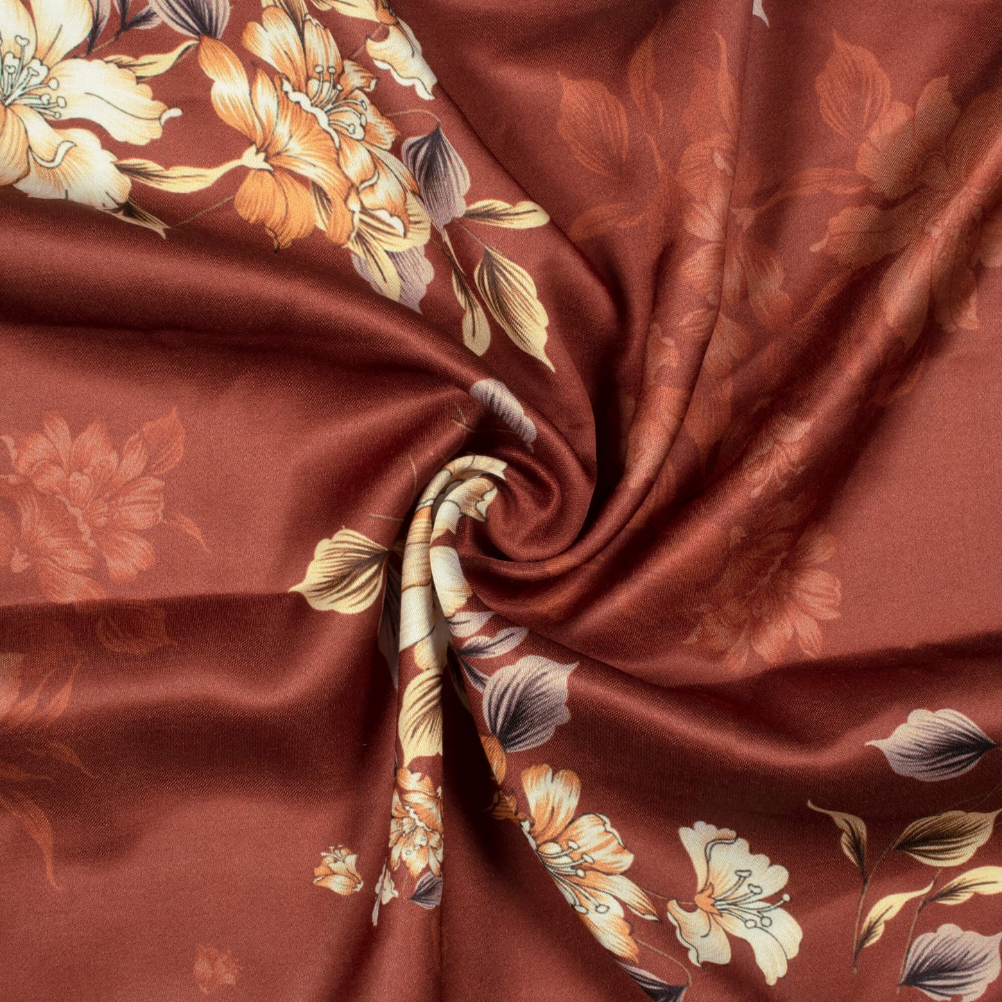 Seal Brown And White Floral Pattern Digital Print Premium Lush Satin Fabric