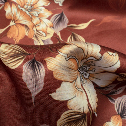 Seal Brown And White Floral Pattern Digital Print Premium Lush Satin Fabric