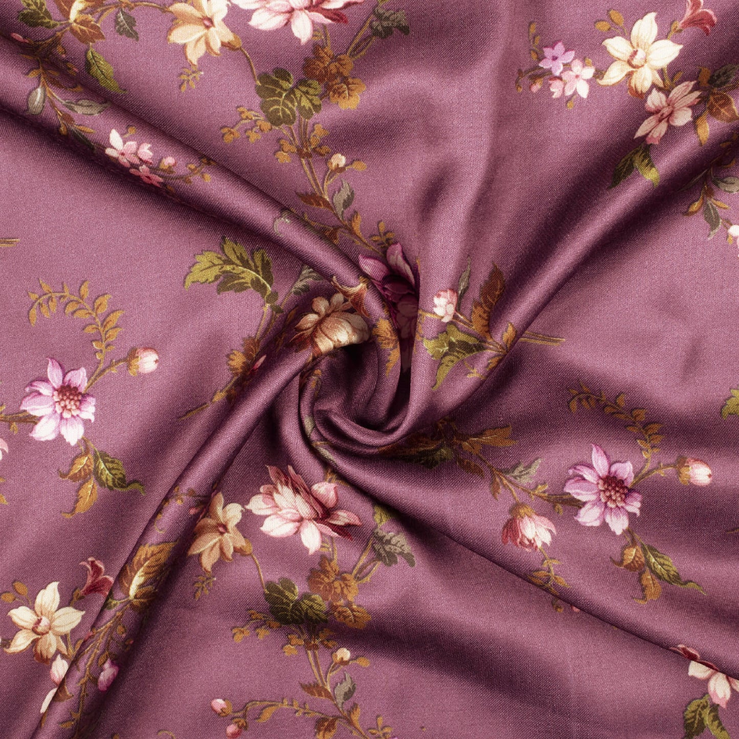 Plum Purple And Brown Floral Pattern Digital Print Premium Lush Satin Fabric