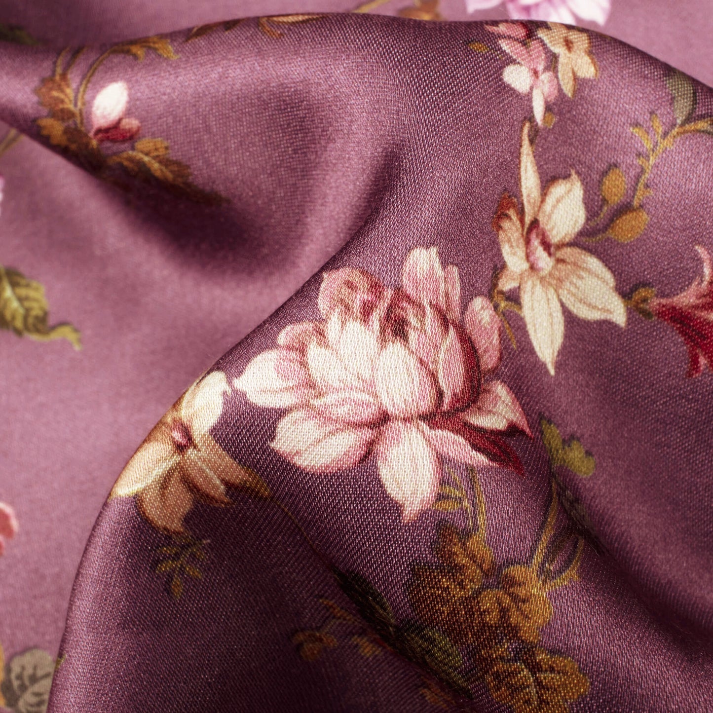 Plum Purple And Brown Floral Pattern Digital Print Premium Lush Satin Fabric