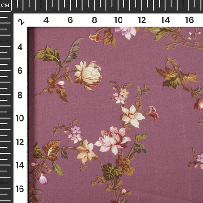 Plum Purple And Brown Floral Pattern Digital Print Premium Lush Satin Fabric