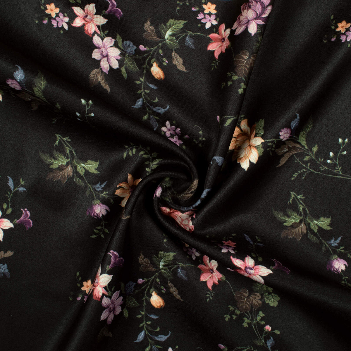 Black And Pink Floral Pattern Digital Print Premium Lush Satin Fabric