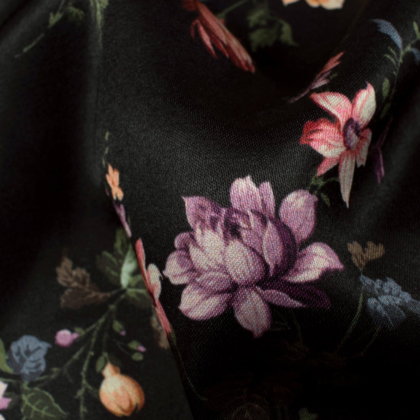 Black And Pink Floral Pattern Digital Print Premium Lush Satin Fabric