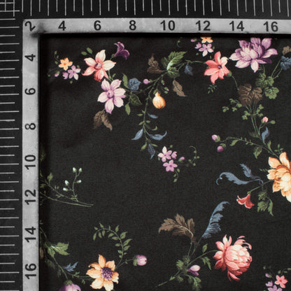 Black And Pink Floral Pattern Digital Print Premium Lush Satin Fabric