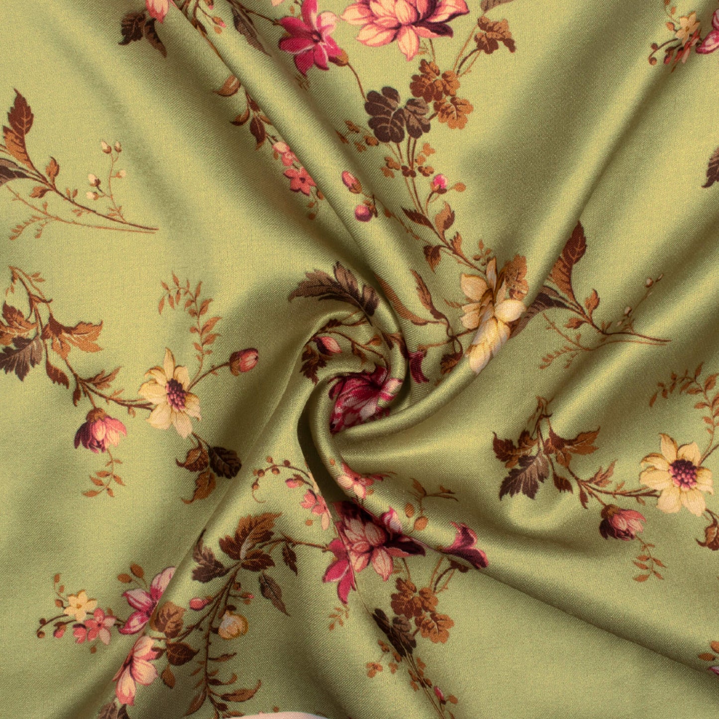 Moss Green And Pink Floral Pattern Digital Print Premium Lush Satin Fabric