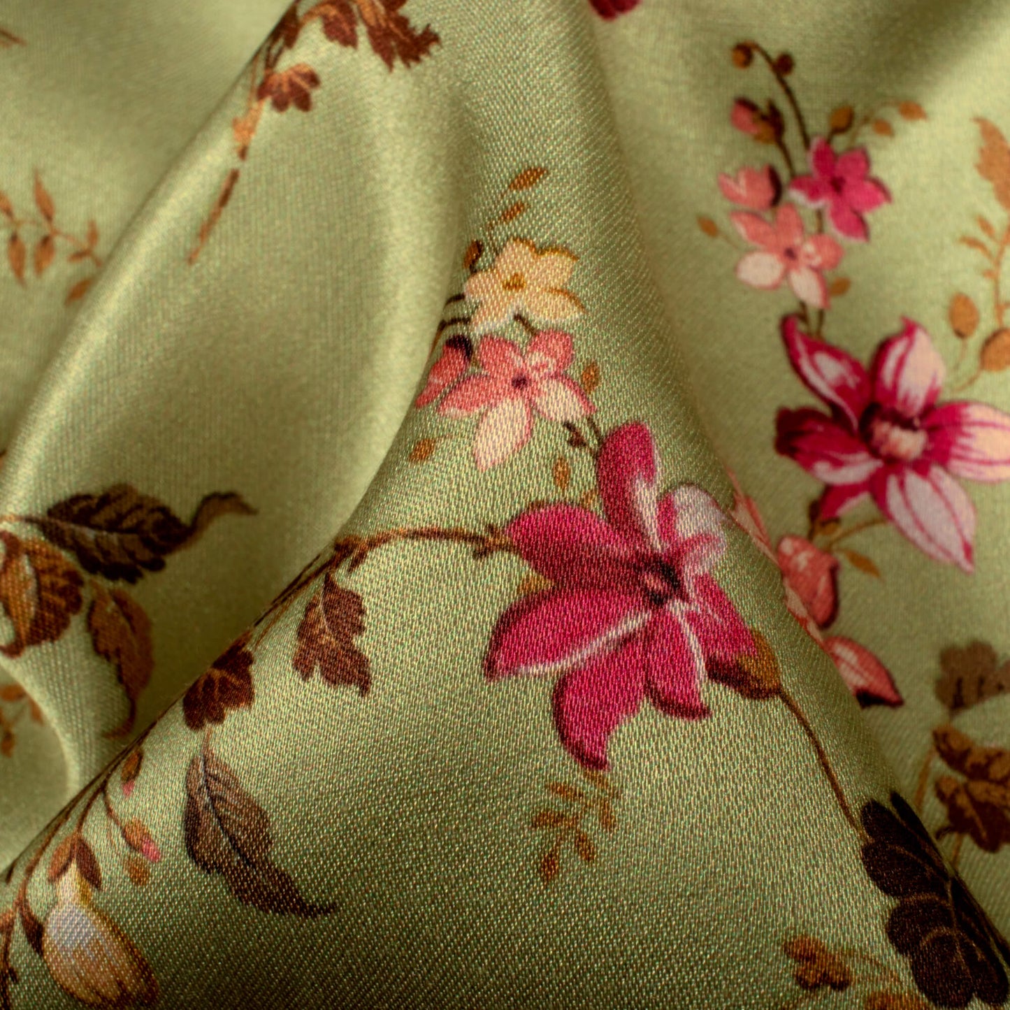 Moss Green And Pink Floral Pattern Digital Print Premium Lush Satin Fabric
